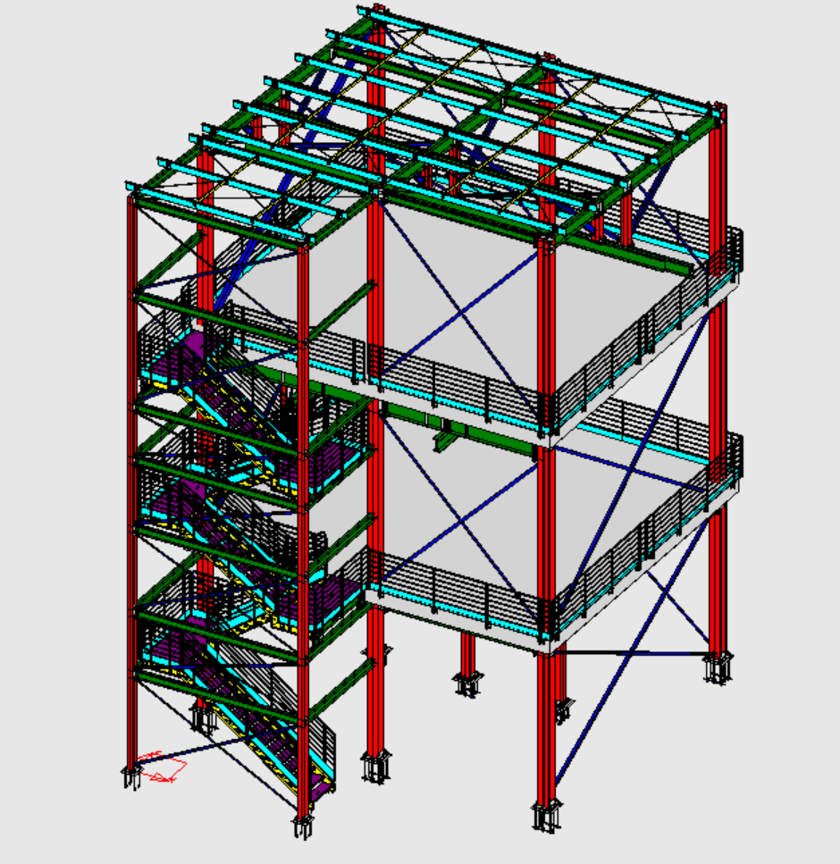Modelo 3D de uma estrutura metálica de múltiplos pavimentos, com escadas, plataformas, pilares e contraventamentos, produzido no TSteel