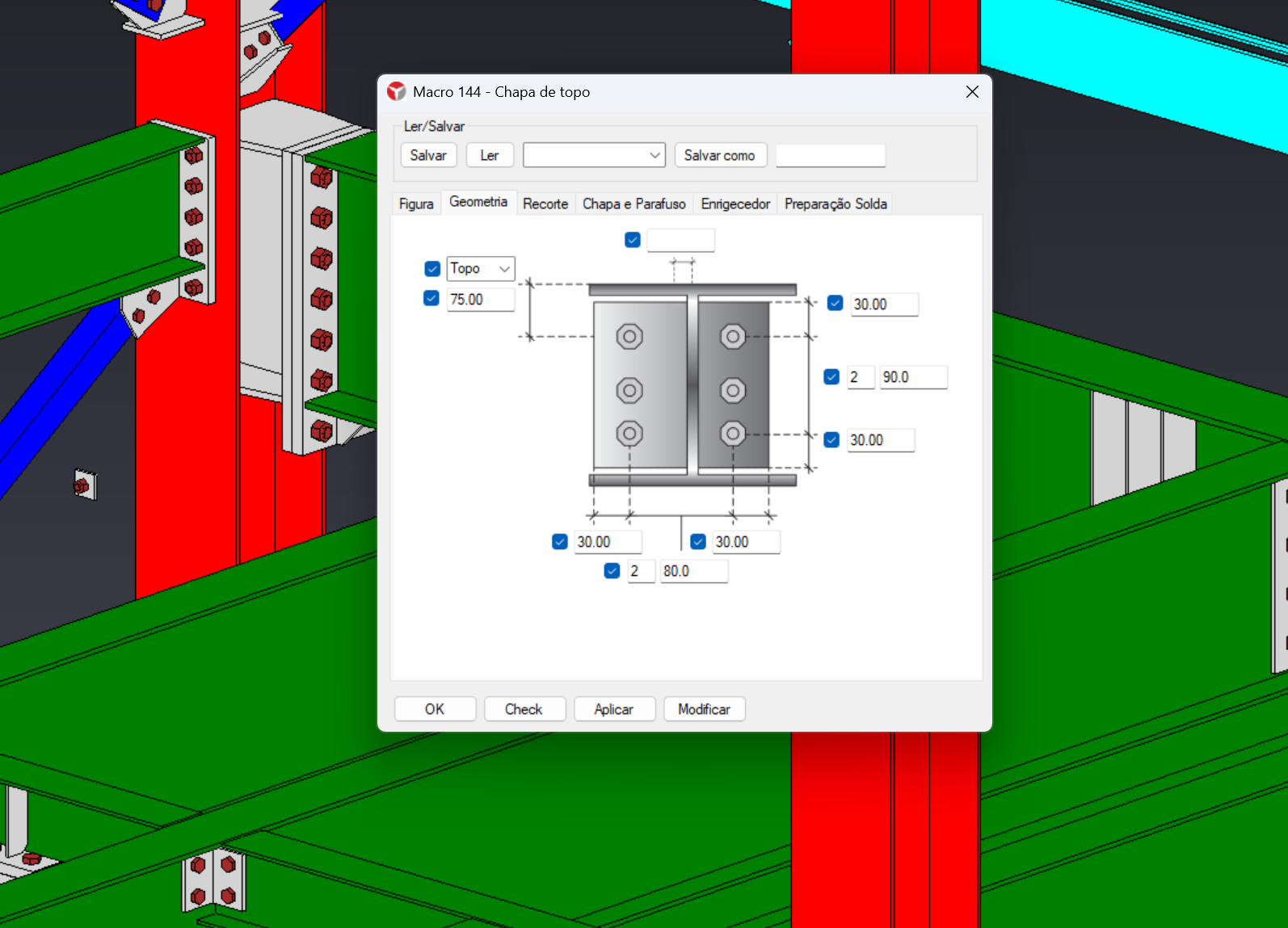 Ligação metálica no modelo 3D com janela de configuração paramétrica de chapas e parafusos